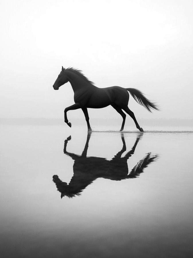 Caballo negro trotando sobre el agua en calma, con su reflejo, en blanco y negro